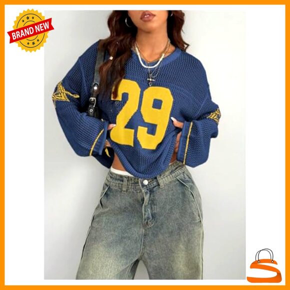 Oversized V-Neck Crochet Pullover Sweater Long Sleeve Jersey Top - Picture 3 of 6